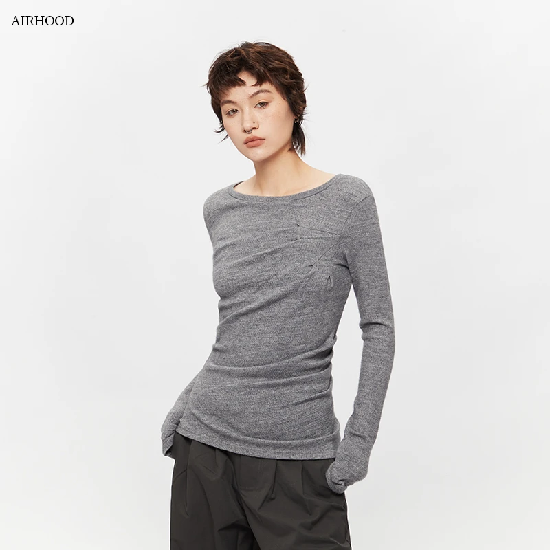 AIRHOOD 2025秋季新款简约皱褶设计修身显瘦长袖辣妹百搭上衣女潮