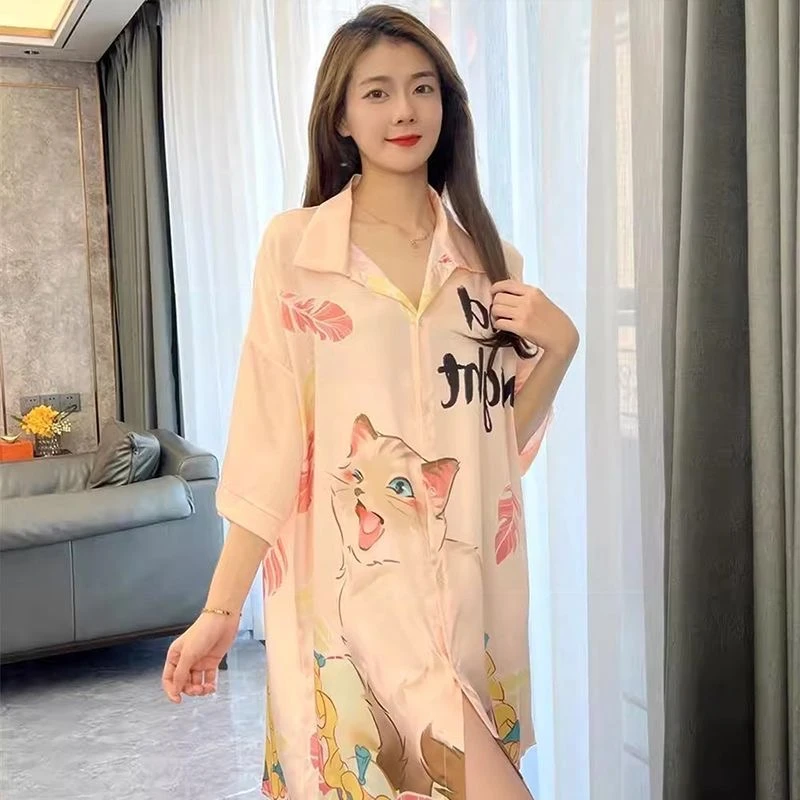 【粉丝专享】2025春夏高档冰丝时尚睡裙百搭大码薄款宽松显瘦家居服
