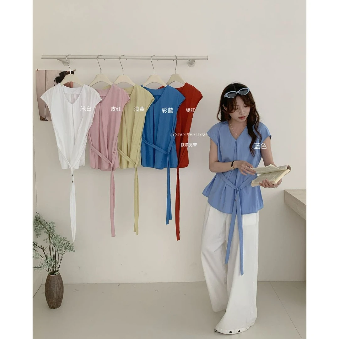 月月专属-2025新款夏季韩版小众收腰上衣绑带小飞袖衬衫2599#0.1