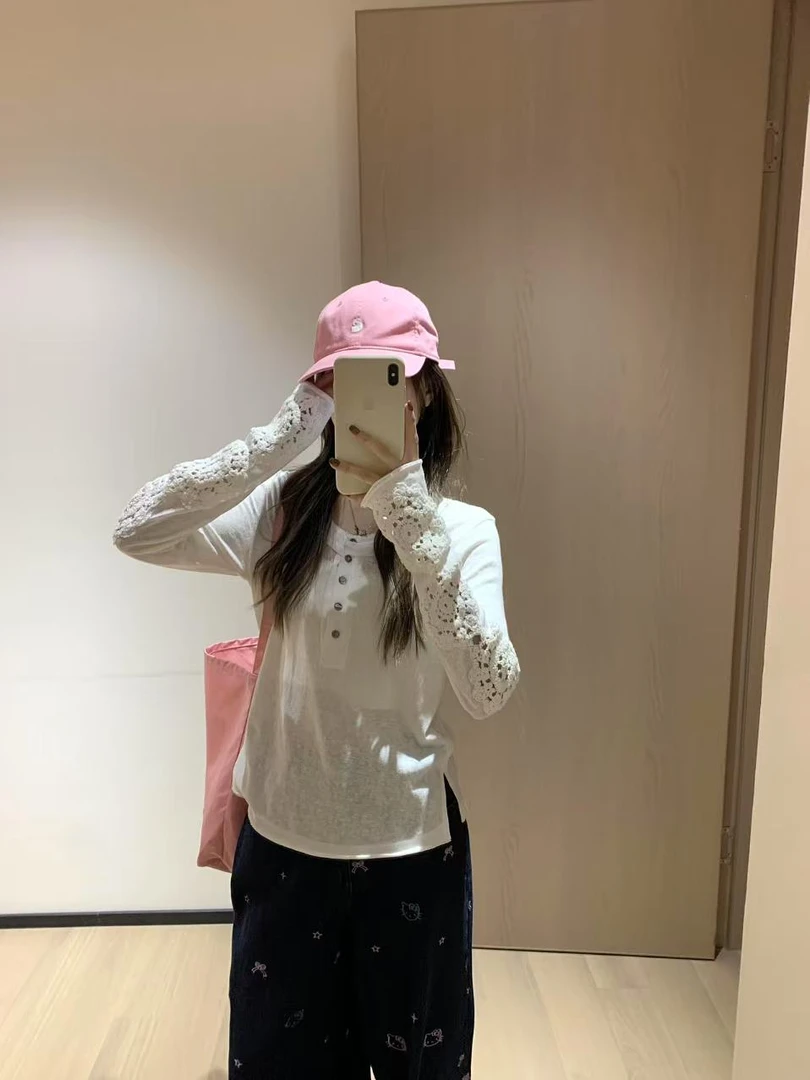 韩11韩系白色重工镂空钩花长袖t恤女设计感通勤百搭撕边圆领上衣
