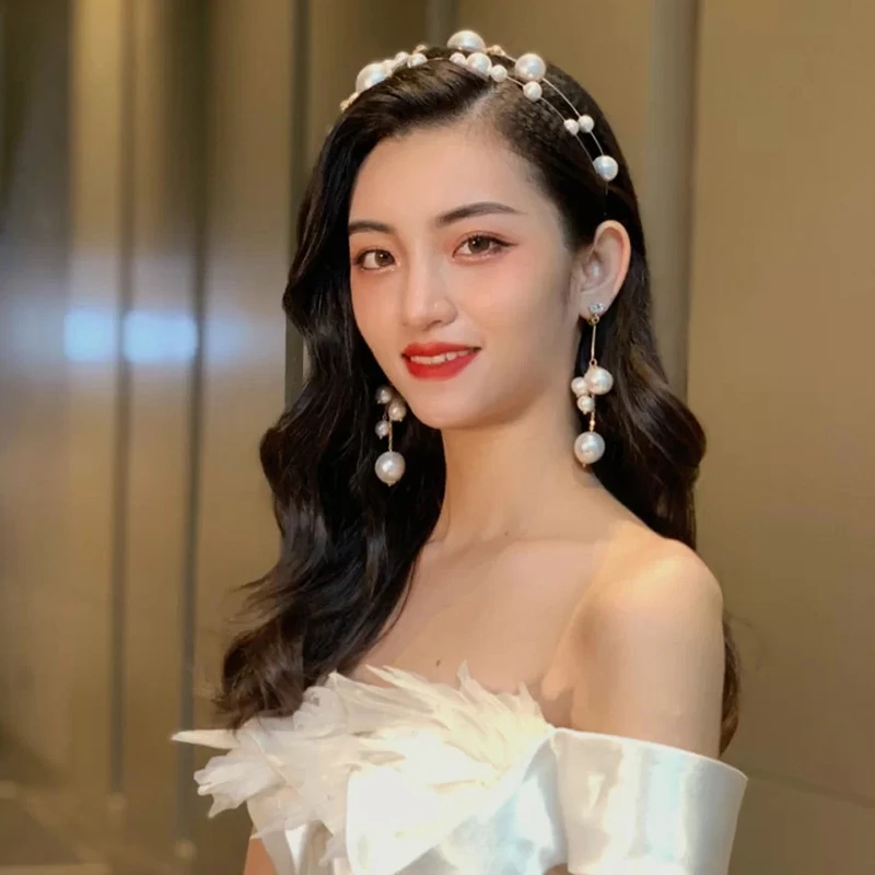 珍珠韩式珍珠简约发带耳环套装宴会礼服配饰新娘结婚头饰影楼摄影