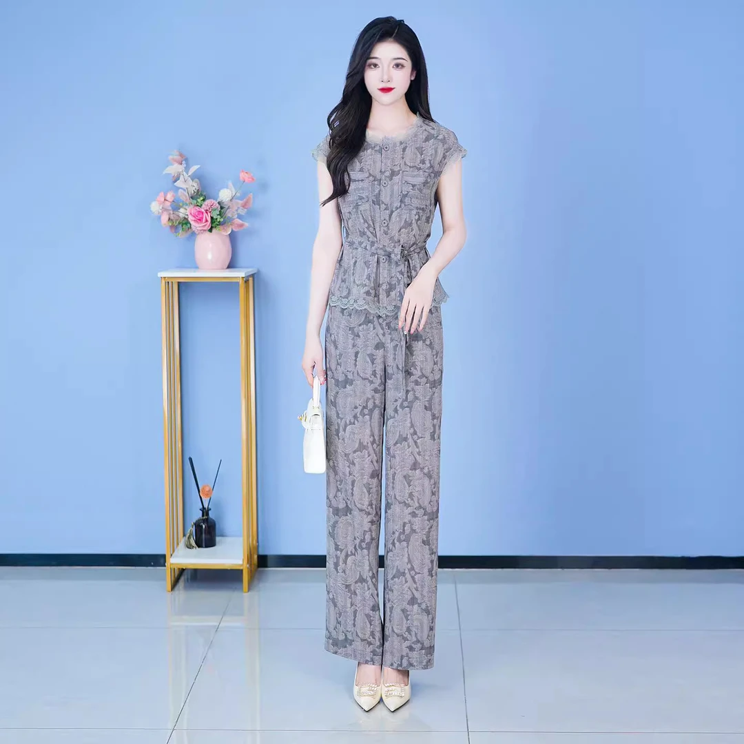 洋气蕾丝花边短袖衬衫阔腿裤两件套女2025夏新款时尚冰丝减龄套装