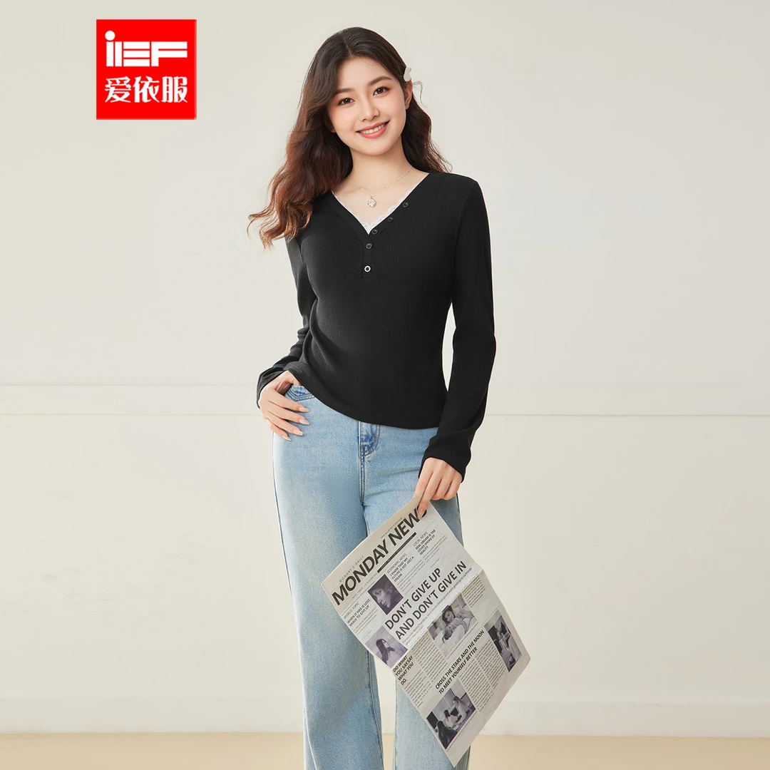 IEF/爱依服【微胖】大码女装2025秋季新款甜美温V领上衣流光风