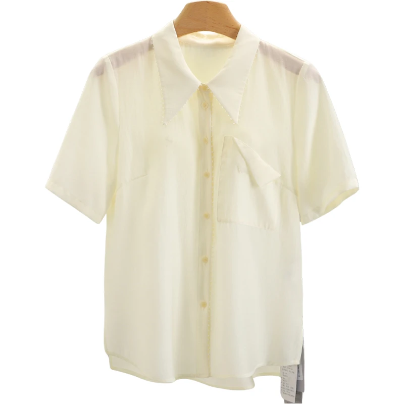 F1248-【朝】两侧开叉宽松方领纯色短袖衬衫#ZZH56S031D