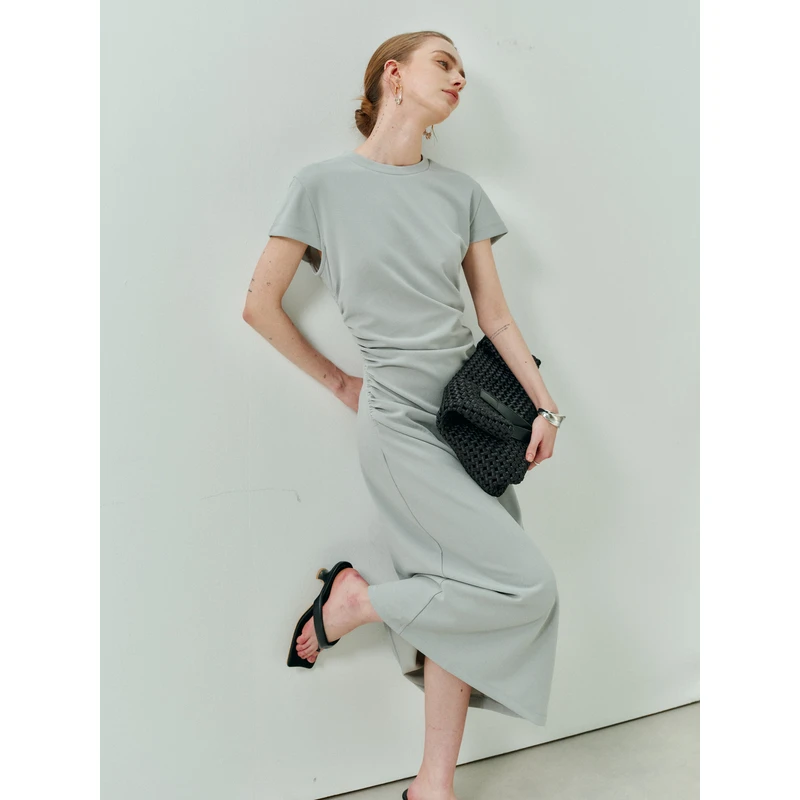 Sue.m进口弹力面料 腰部褶皱连衣裙时尚显瘦气质小众设计感长裙