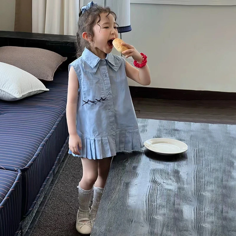 女童洋气小众韩版2025夏季新款单排扣潮流休闲百搭百褶无袖衬衣裙