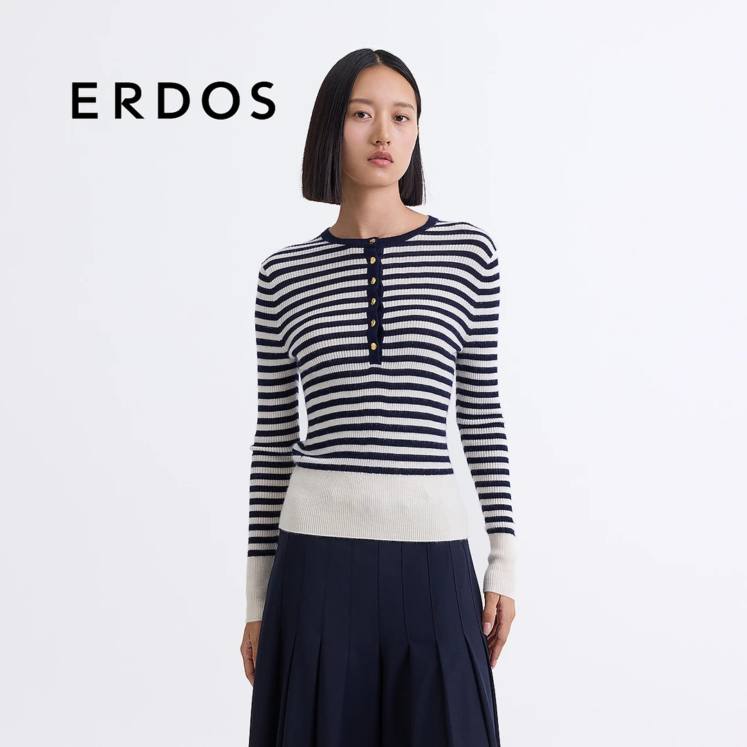 ERDOS 丝绒条纹宽白下摆打底修身女套衫【铃兰花语】25年春新品