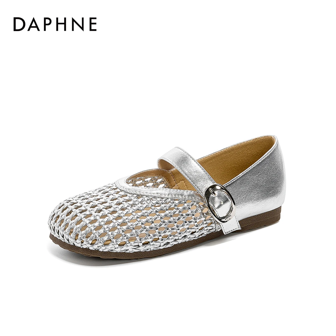 Daphne/达芙妮镂空一字扣玛丽珍鞋女夏季新款平底百搭单鞋豆豆鞋