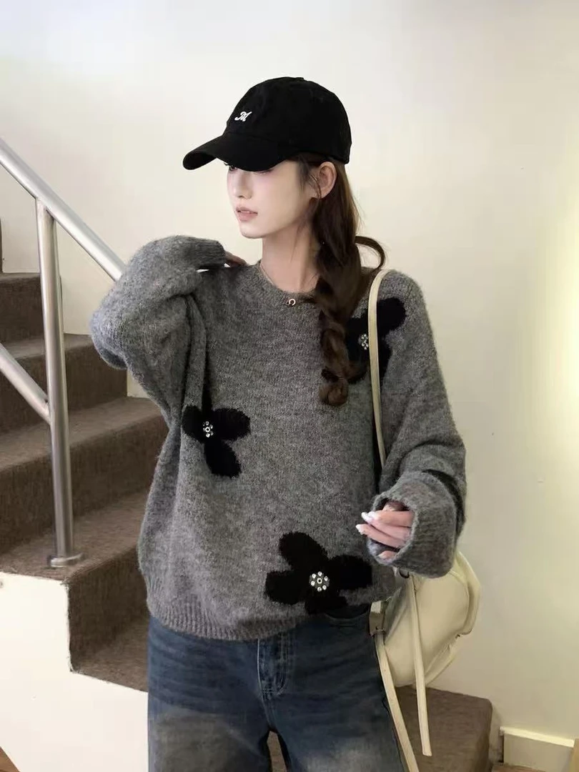 那简家【现货】韩系重工花朵设计感圆领针织套头毛衣女