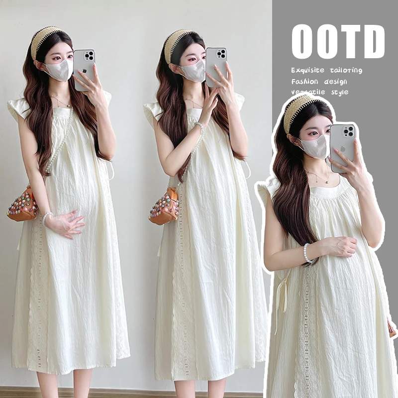 孕妇装夏装裙子2025新款缕空飞飞袖蕾丝度假风气质修身夏季连衣裙