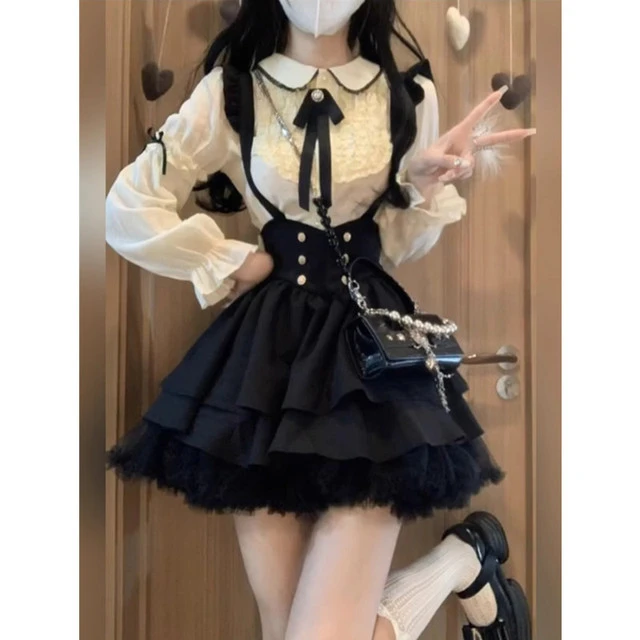 小个子穿搭一整套秋季甜美娃娃领长袖衬衫蝴蝶结背带裙两件套装女