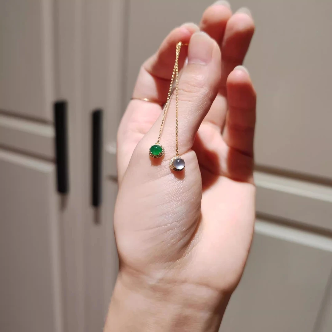 铜合金耳饰 AB撞线耳线镶嵌翠绿色蛋面耳钉女简约百搭金色耳饰品