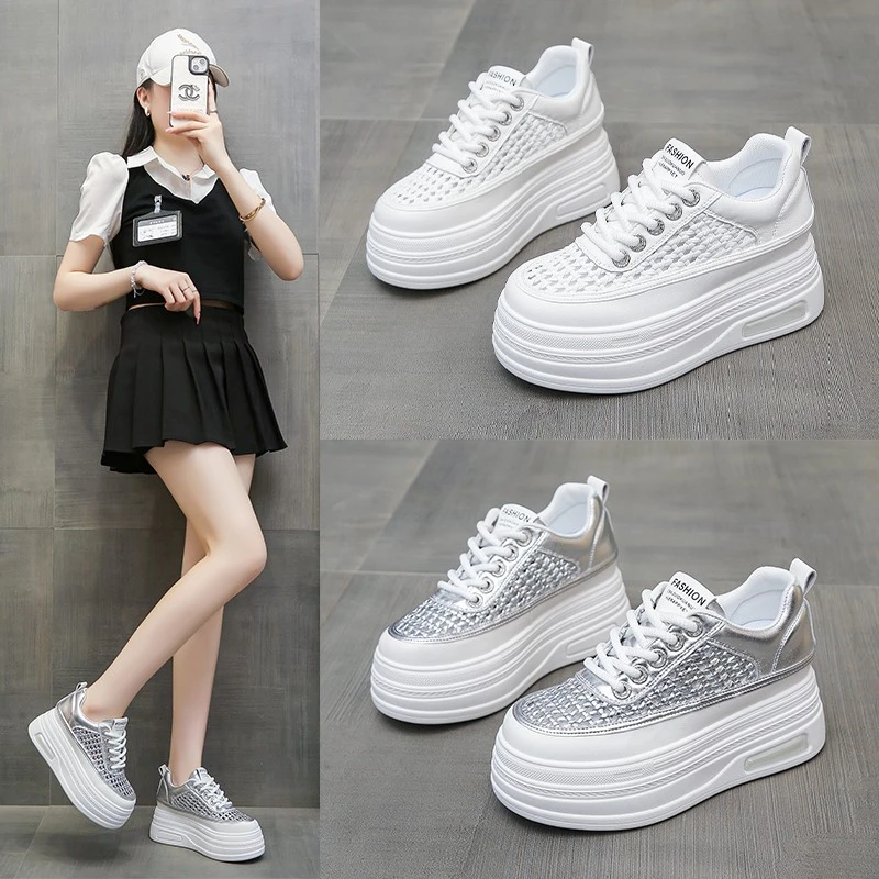 2025夏季百搭厚底增高镂空皮面小白鞋松糕底韩版显脚小休闲透气