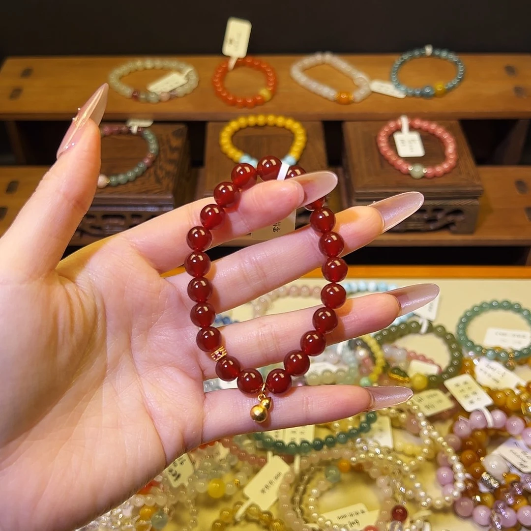 水晶手链银S925镶嵌红玛瑙8