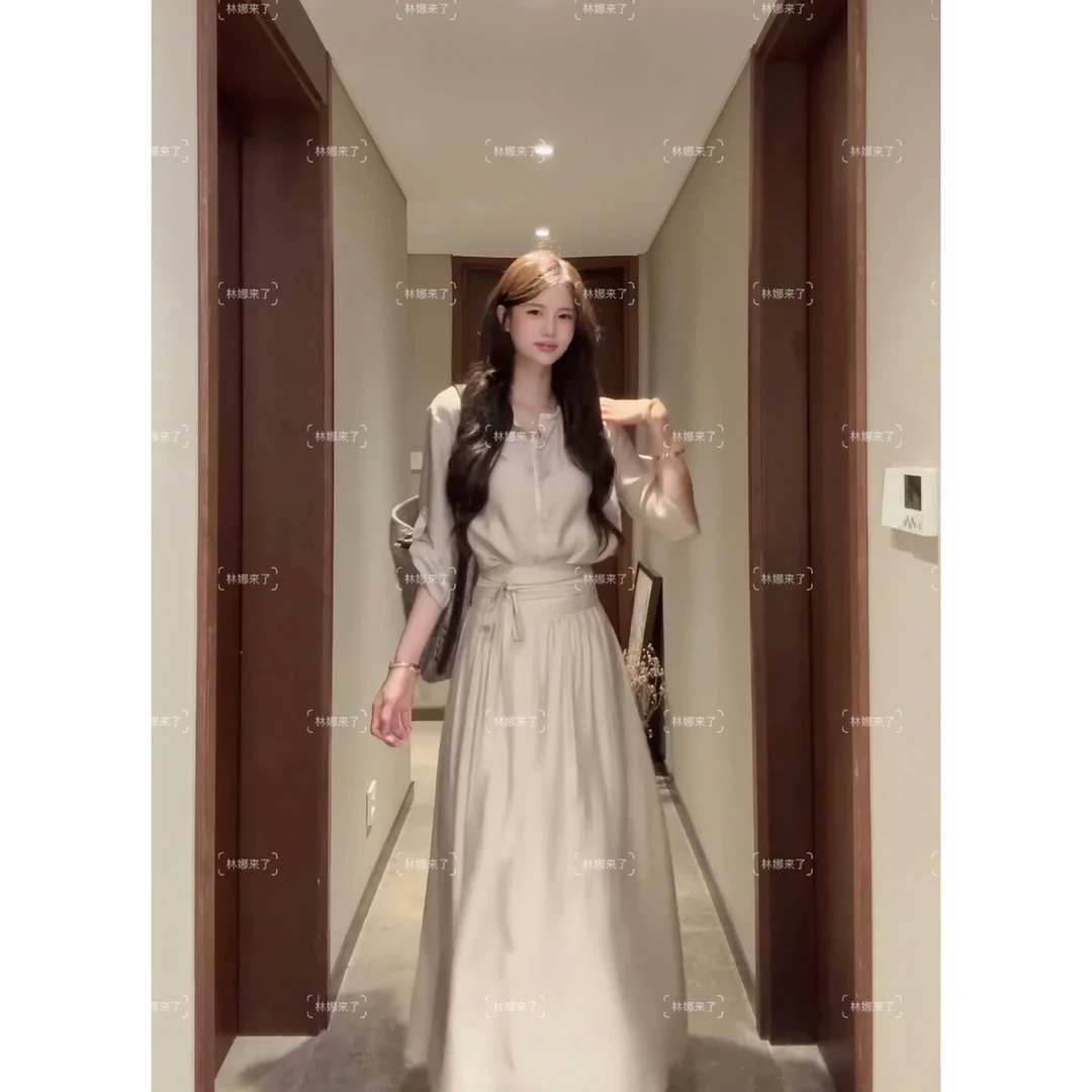 禅意茶歇风套装时尚简约衬衫连衣裙套装初恋温柔风白色气质显瘦
