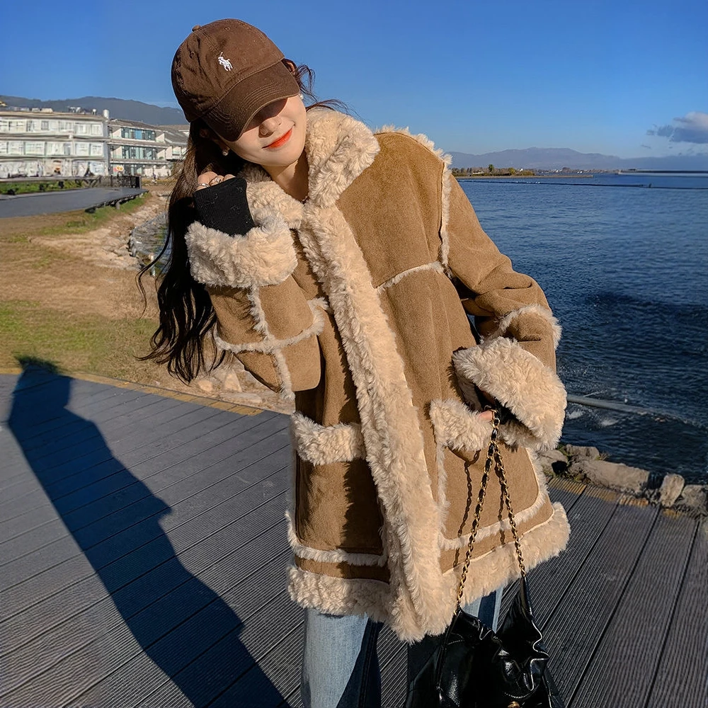 韩版羊羔绒皮毛一体外套女冬季加绒加厚保暖百搭宽松ins中长款
