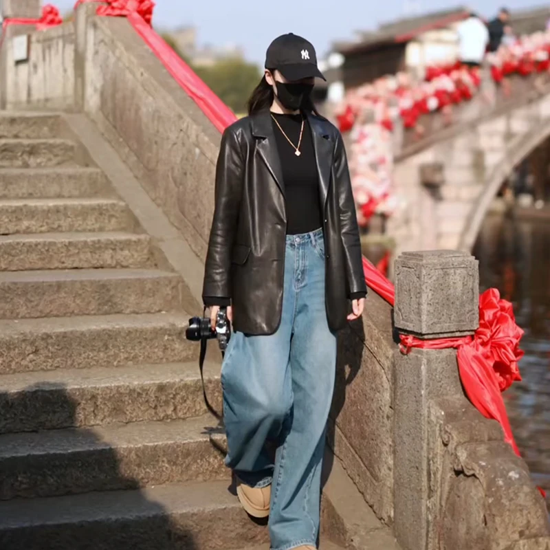 25年秋季全植鞣头层真皮皮衣西装皮衣女中长款黑色绵羊皮衣外套女