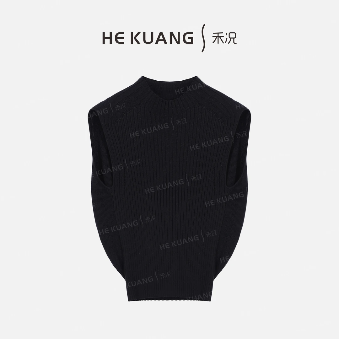 禾况HEKUANG【兜财T】针织坎肩袖气质竖条纹黑色上衣 X652 0328