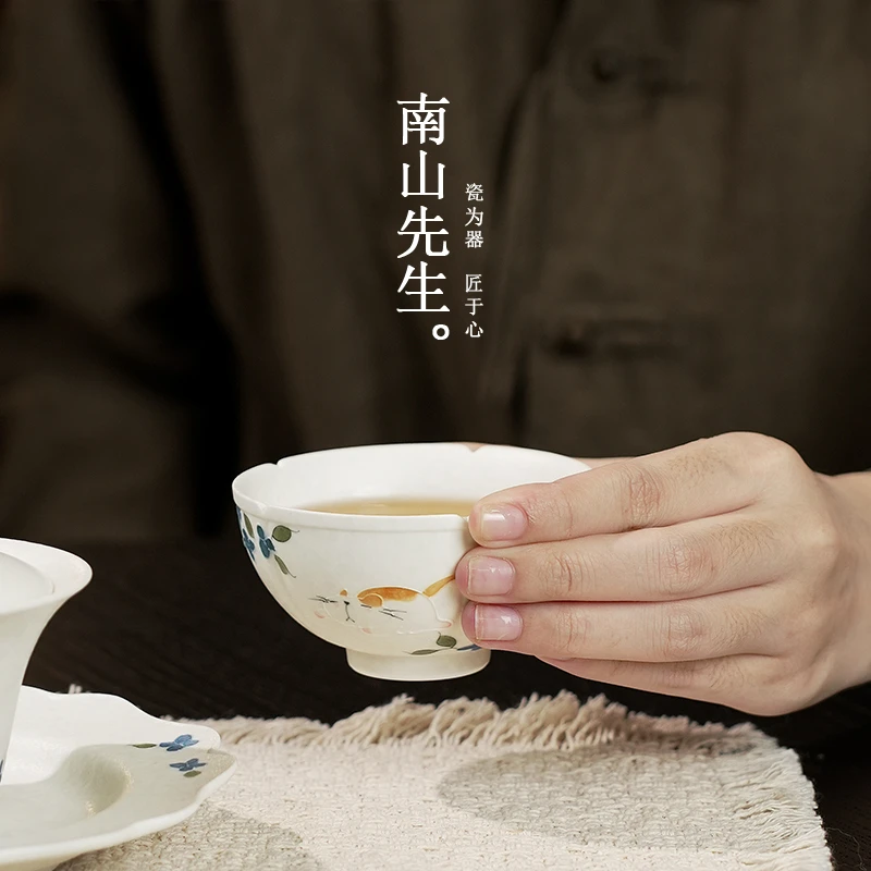 眠猫葵口杯茶杯茶器家用家具茶室猫