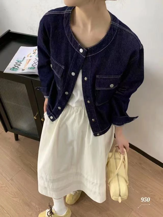 2025春装深蓝圆领明线牛仔短外套女长袖百搭宽松休闲小个子夹克潮