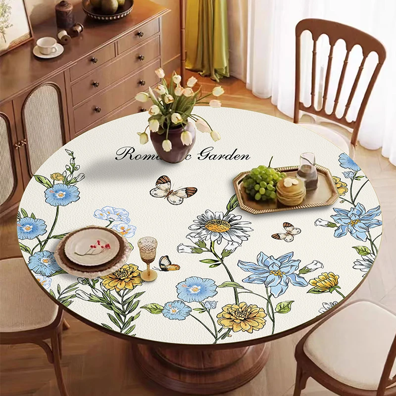 田园风天蓝防水防油高级皮革圆桌垫氛围感防烫客厅茶几盖布可定制