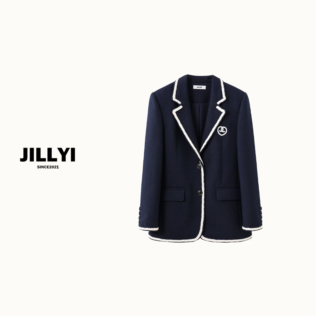 JILLYI珠海店【香系学院】黑白拼色深V领秋季学院风时尚百搭外套