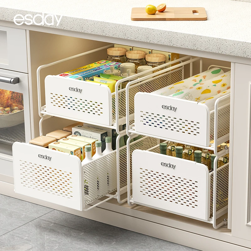 易时代橱柜拉篮柜内超深窄缝双层抽拉式收纳架厨房下水槽置物架