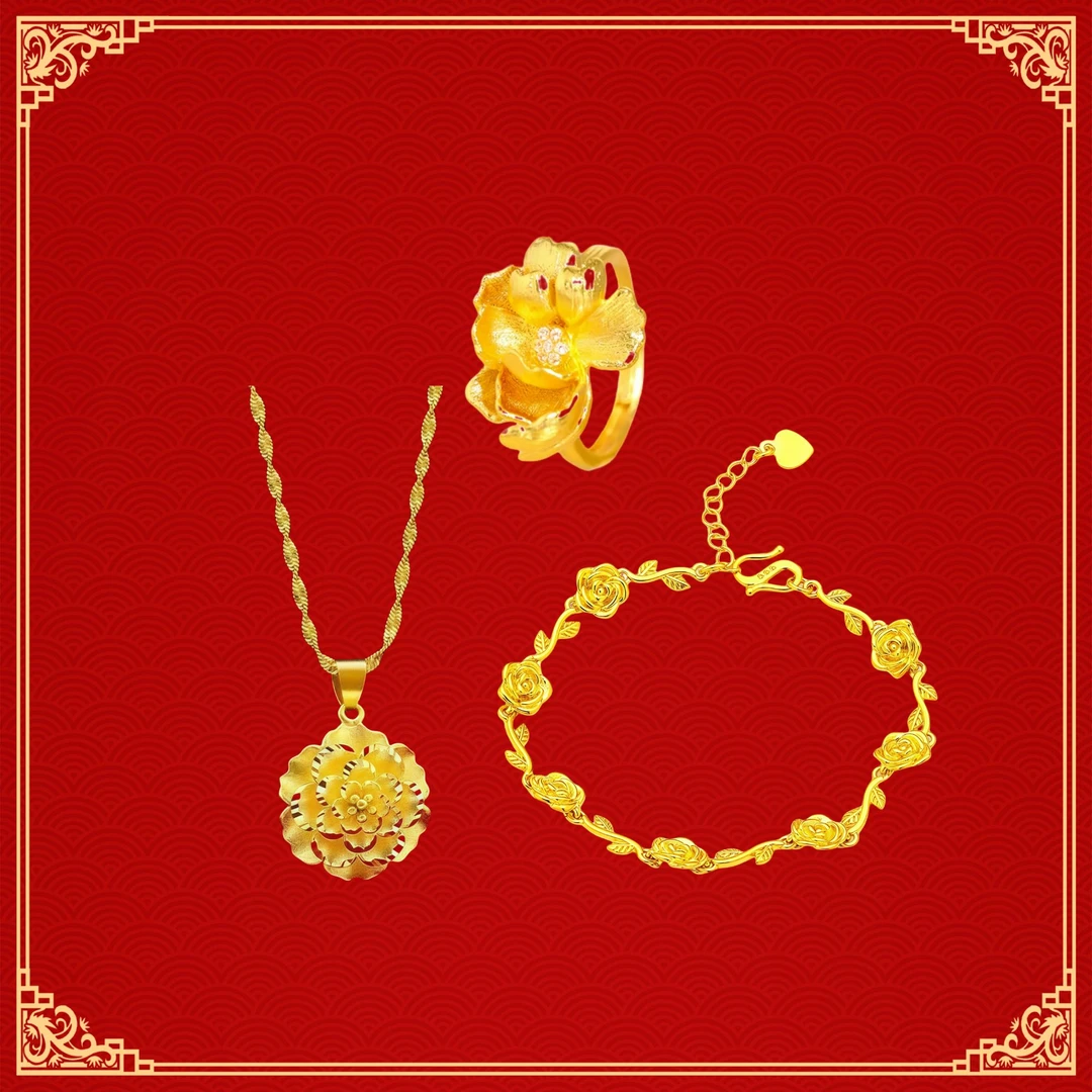 晴眠 铜合金项链 富贵花开三件套结婚金色花戒女士不掉色