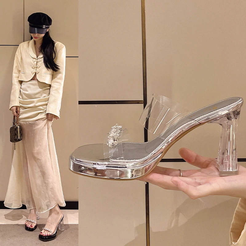 法式水钻透明水晶跟凉鞋女高级感粗跟拖鞋高跟鞋凉拖