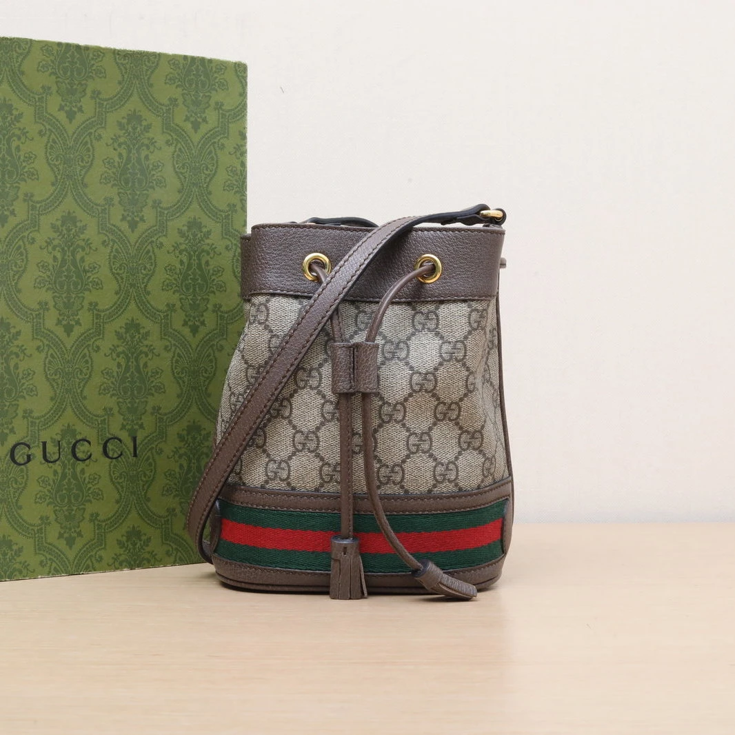 95新 GUCCI/古驰 【娇】Ophidia抽绳水桶包15.5 PVC 金扣 705412