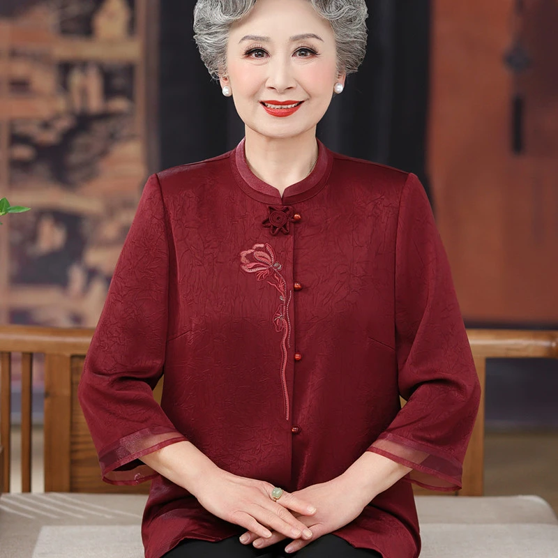 老年人夏装女奶奶唐装绣花衬衫中老年妈妈夏季国风喜庆婚礼装上衣