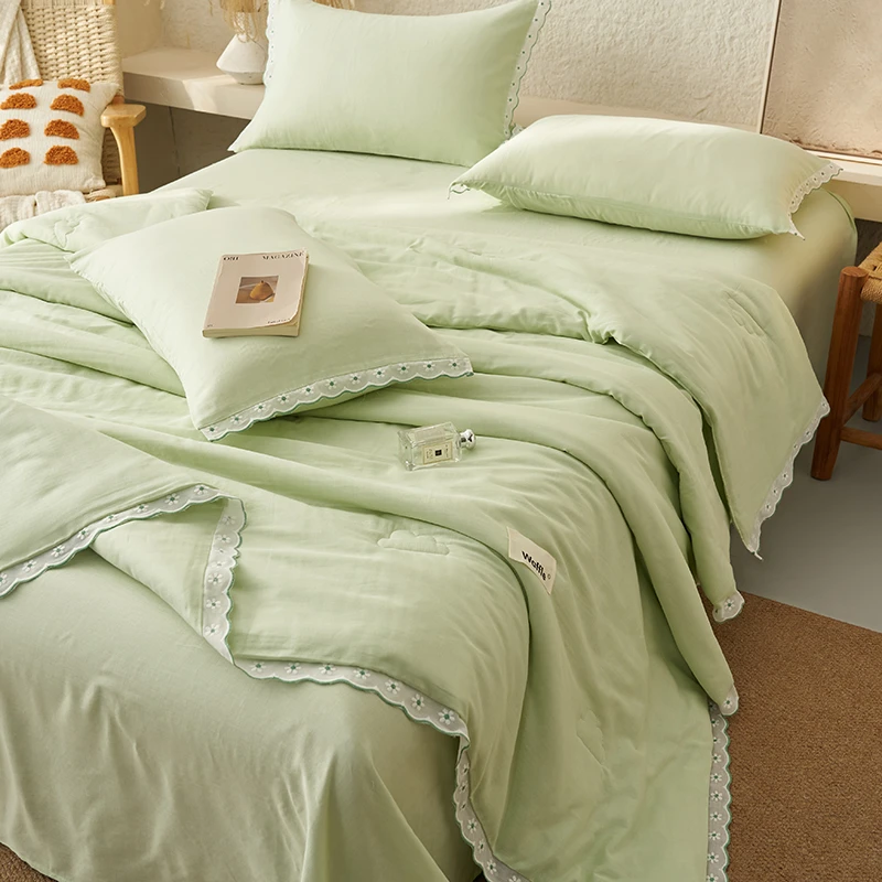韩式花边大豆被子夏季空调被四件套蕾丝简约纯色凉感薄被床上用品