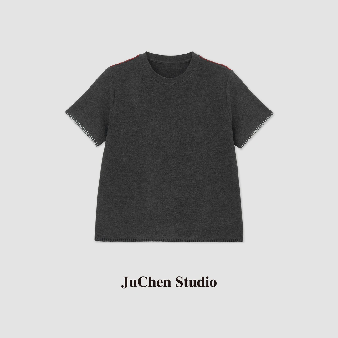 LIBOSHU“边际线”小香风多彩贝壳绣螺旋车边磨毛棉短袖SS122320-16