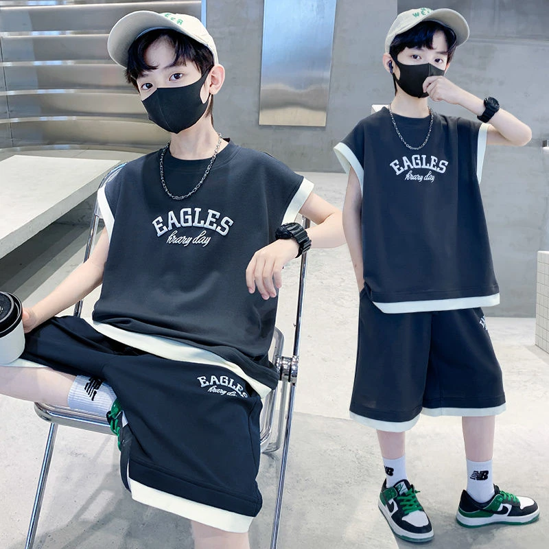 男童夏季套装2025新款中大童儿童背心洋气男孩夏装无袖运动两件套