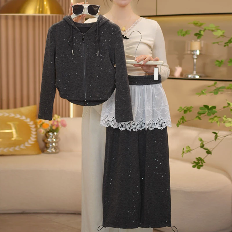 女童春季新款时尚韩系连帽拉链上衣外套+假两件裙裤-7544