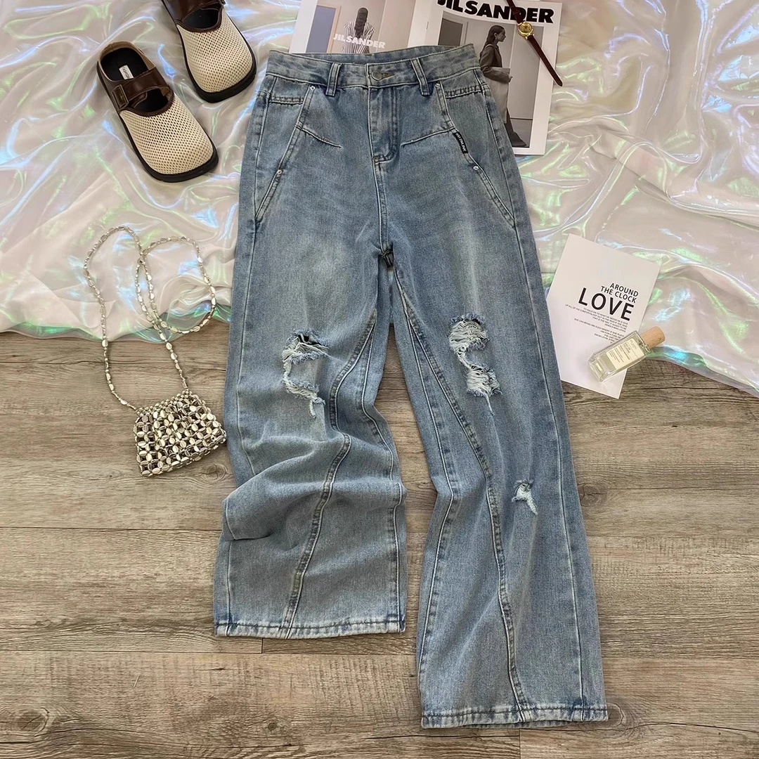 破洞阔腿牛仔裤女秋季薄款2025年高腰显瘦时尚潮流宽松乞丐直筒裤