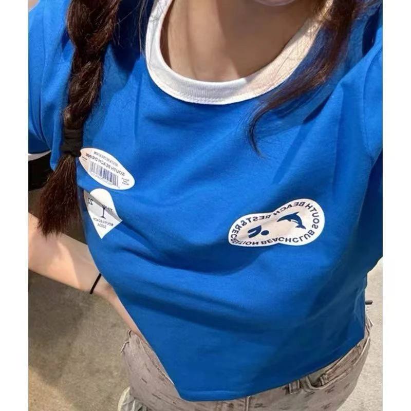 【金智妮同款】韩系小众RR短款设计拼色爱心印花运动短袖MS-Z25321