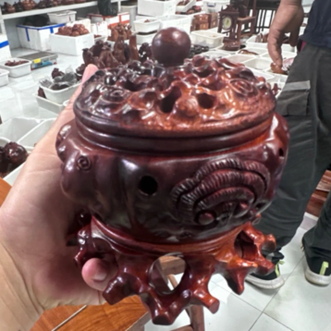缅甸花梨木手工雕刻灵芝如意香炉88
