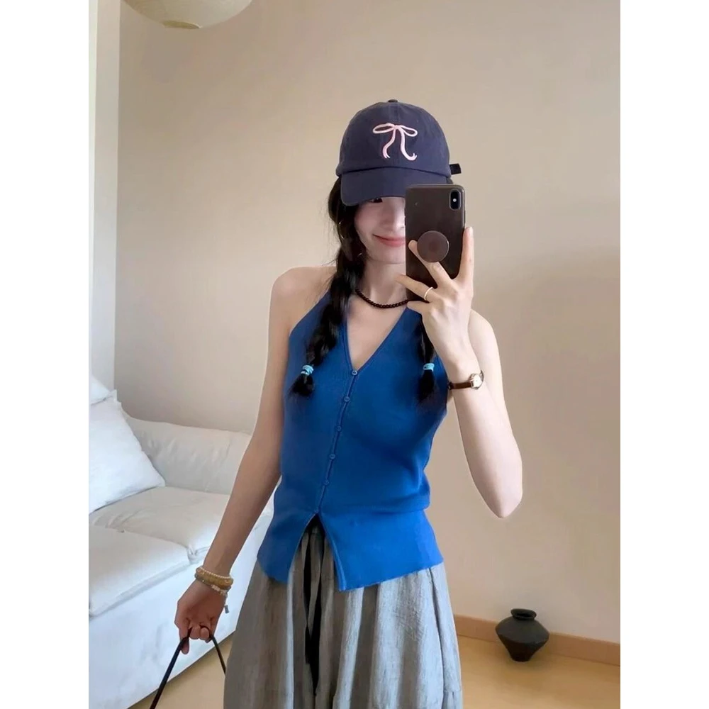 克莱因蓝挂脖v领背心吊带女夏季外穿修身短款冰丝针织衫无袖上衣