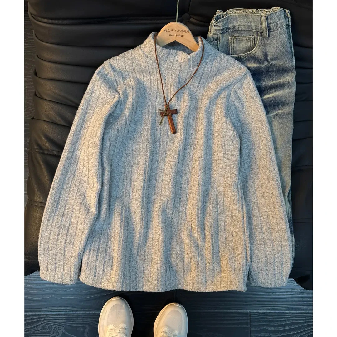 美式坑条加绒加厚保暖卫衣男女秋冬半高领长袖T恤cleanfit打底衫