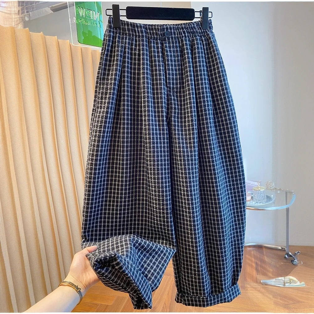 高级感格子哈伦裤女夏薄款2025新款宽松休闲百搭阔腿裤九分气球裤