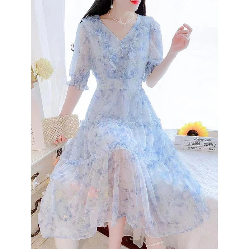 雪纺仙女长裙子2025夏季新款法式v领度假风碎花气质短袖连衣裙潮