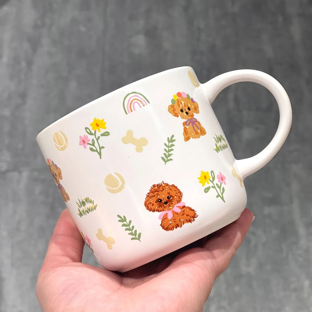 【东泰】出口尾单 陶瓷马克杯卷毛犬米白色杯子