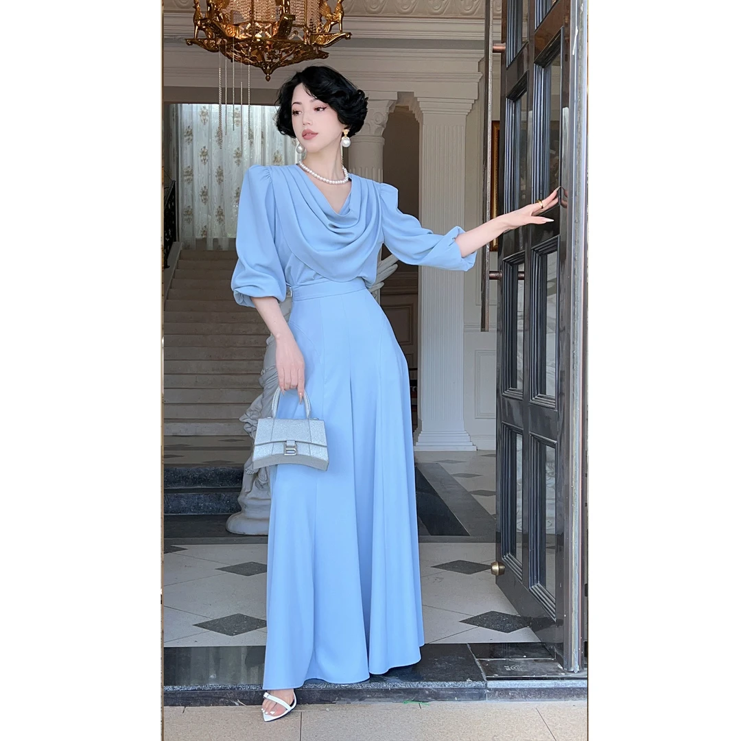 LYXJ【天鹅湖】高端定制法式优雅长款套装轻熟高腰泡泡袖10142