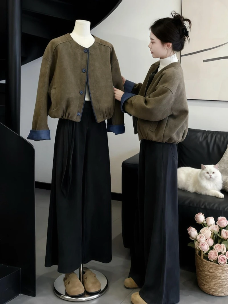 甜美高级感秋冬季独特漂亮减龄绿色短款外套休闲阔腿裤两件套装女