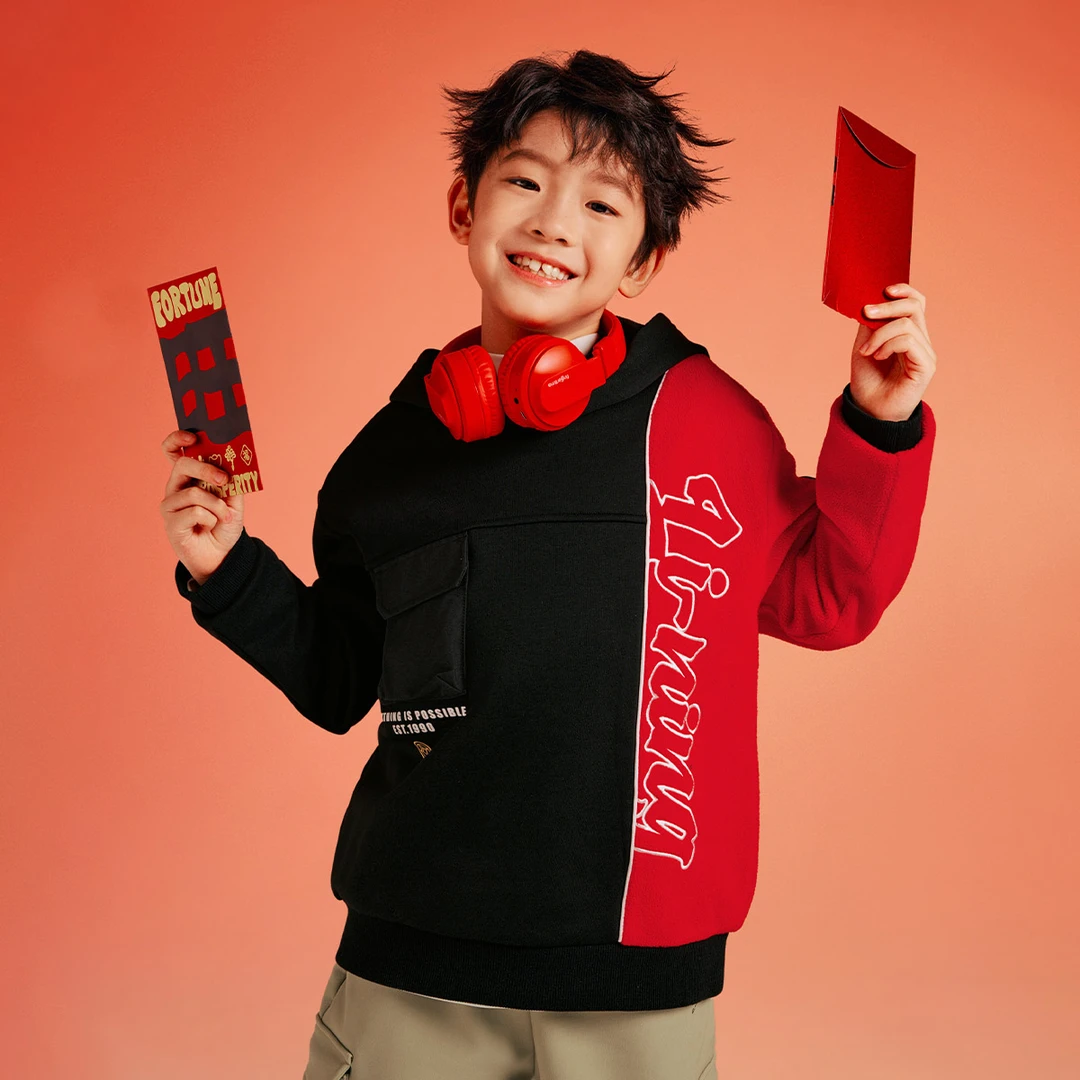 李宁加绒保暖套头连帽卫衣男女小大童撞色宽松运动上衣YWDV091