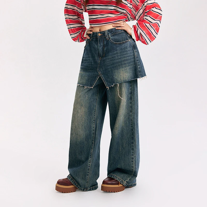 NO ONE ELSE美式复古女装秋季高腰水洗毛边长裤假两件阔腿牛仔裤