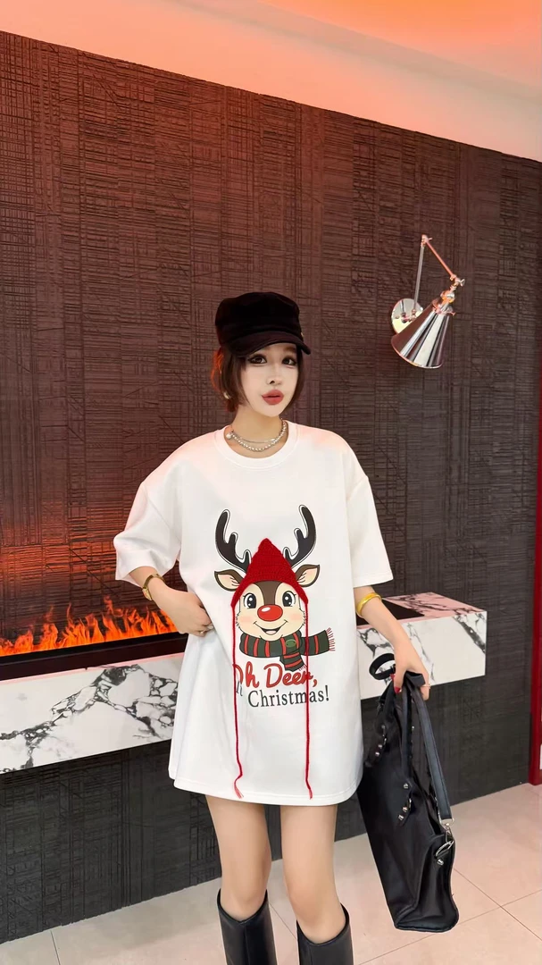 2025年秋冬季新款加厚圆领圣诞款中长款半袖T恤85292