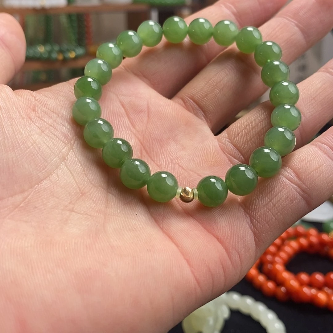 和田玉手串18K金镶嵌碧玉卡8无矿点