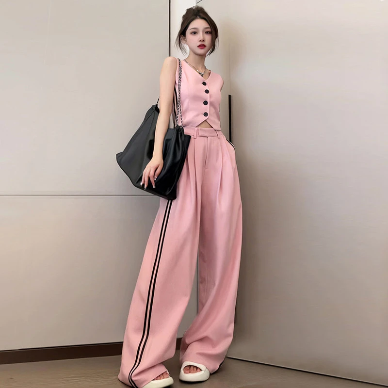 小香风粉色休闲时尚运动套装女夏季炸街减龄洋气无袖阔腿裤两件套